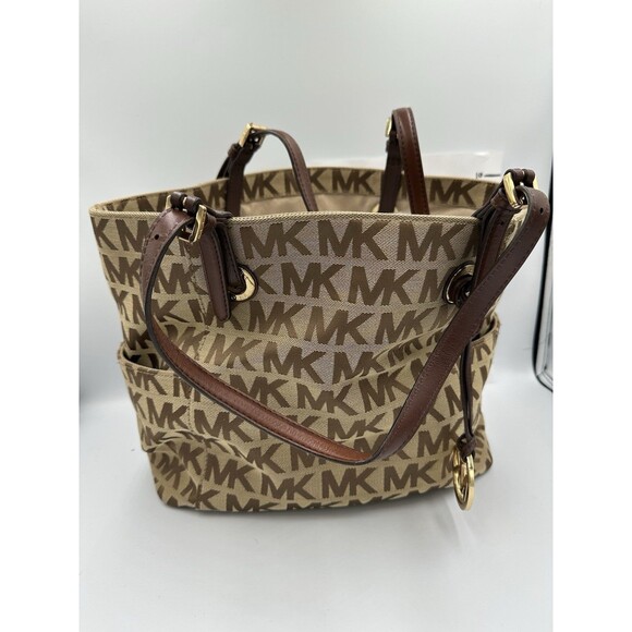 Michael Kors Signature Open Top Tote Center Zip Brown Tones Canvas Lerather Trim - Picture 1 of 8